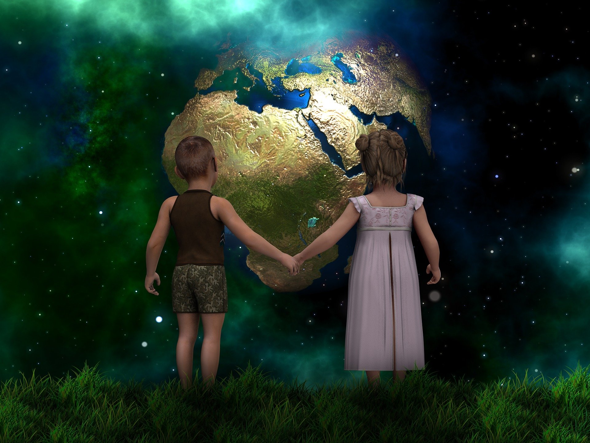 A picture of two children in front of a planet